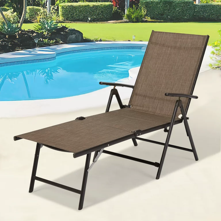 Outdoor Chaise Lounge Chair, Adjustable Reclining Folding Pool Lounge with Adjustable Backrest-Brown