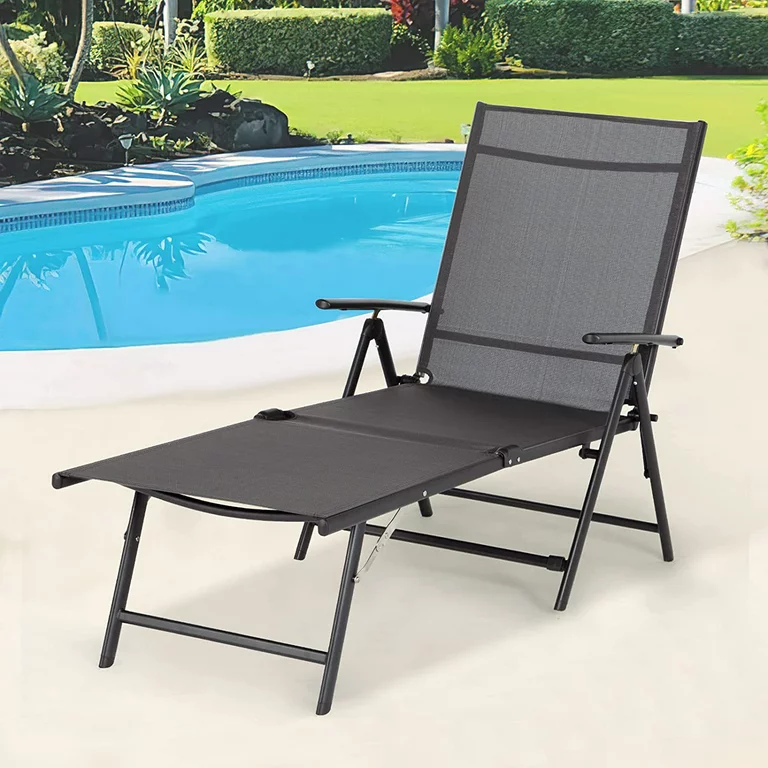 Outdoor Chaise Lounge Chair, Adjustable Textile Reclining Folding Pool Lounge, Gray