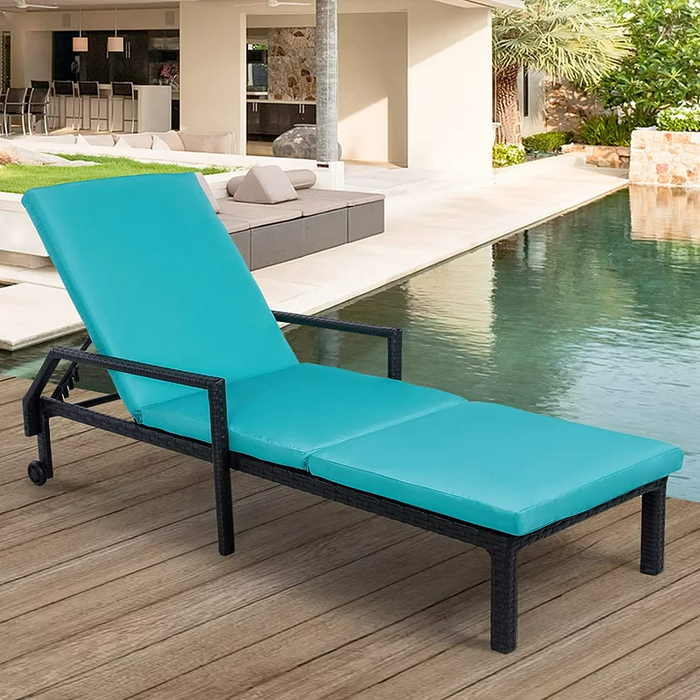 AECOJOY Cushioned Patio Lounge Chair, Adjustable Poolside Chaise Lounge for Tanning - Blue