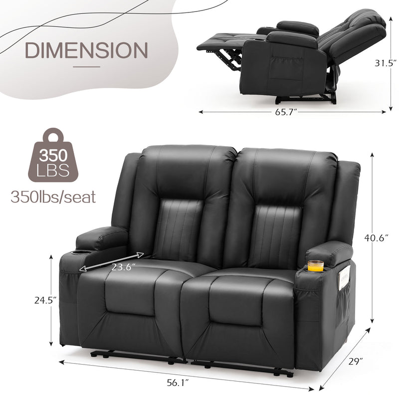 AECOJOY Manual Reclining Loveseat with Cup Holders&Side Pockets, PU Leather Double Recliner Loveseat Home Theater Seating-Black