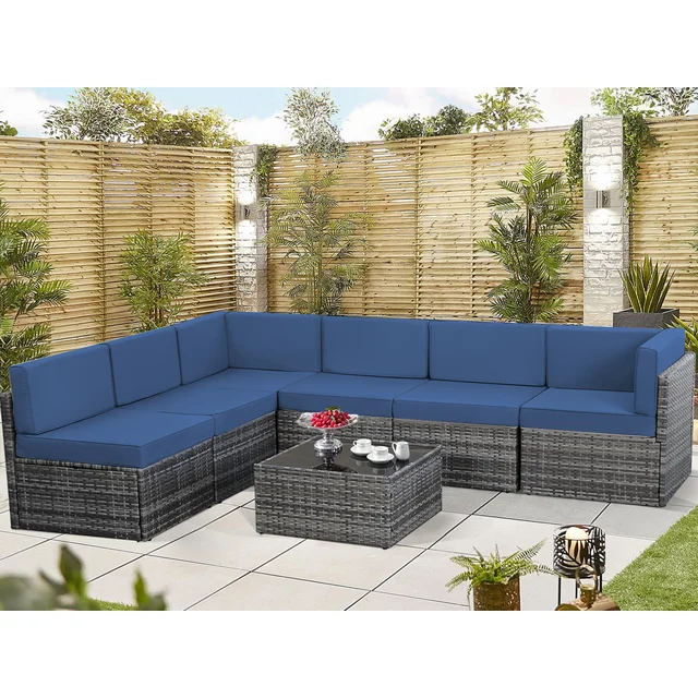 YODOLLA 7-Piece Outdoor Furniture Sectional Sofa Set in Dark Blue