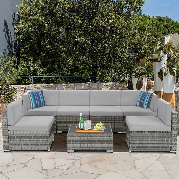 YODOLLA 7-Piece Outdoor Furniture Sectional Sofa Set in Gray rattan & Cushion