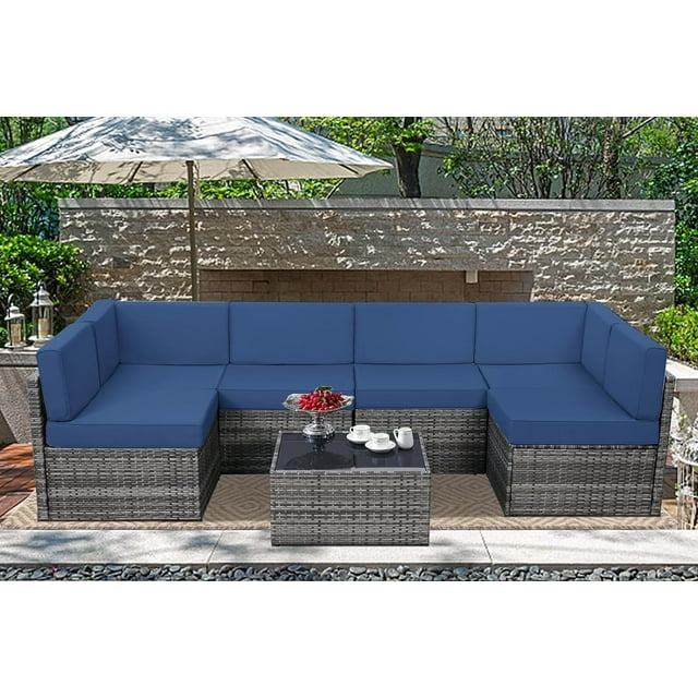 Danrelax 7-Piece Outdoor Sectional Sofa Patio Conversation Set in Dark Blue