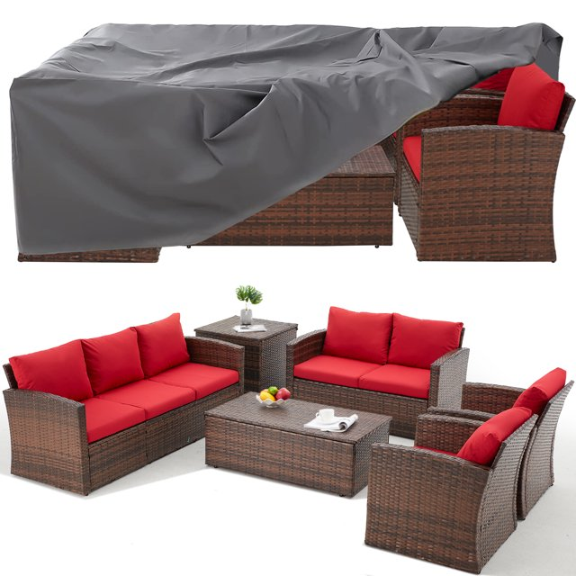 AECOJOY Patio Set w/ Two Storage Boxes in Red w/ Protection Cover