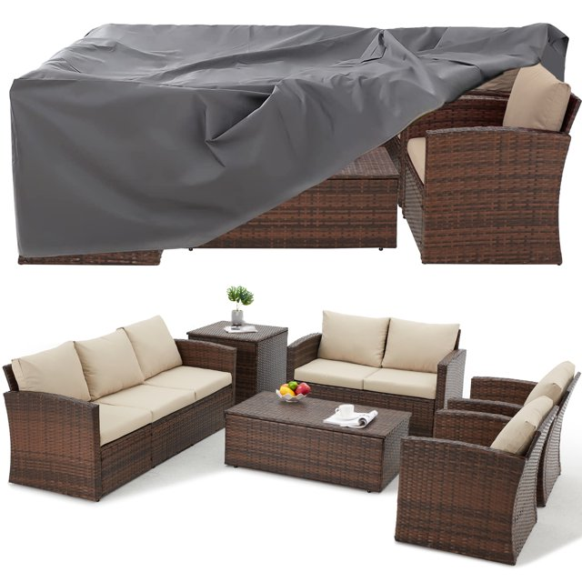 AECOJOY Patio Set w/ Two Storage Boxes in Beige w/ Protection Cover