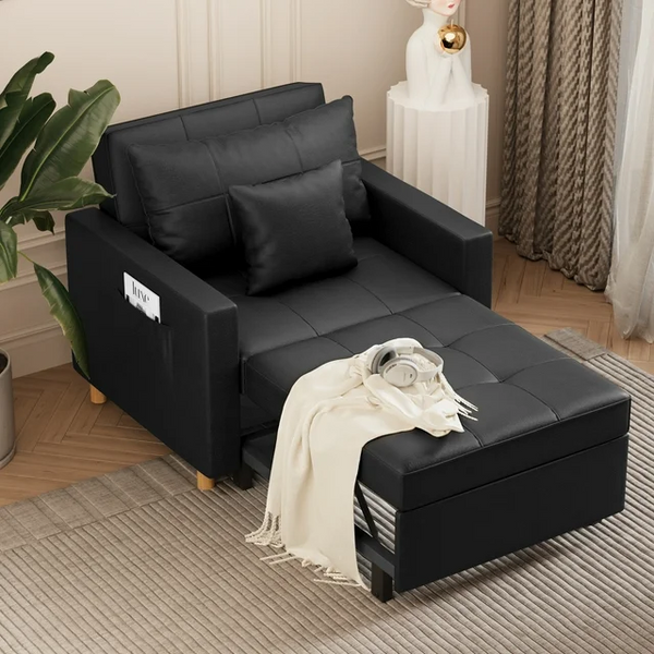 3-in-1 Convertible Chair Bed Sleeper & Futon Sofa Bed Chair  Business Black
