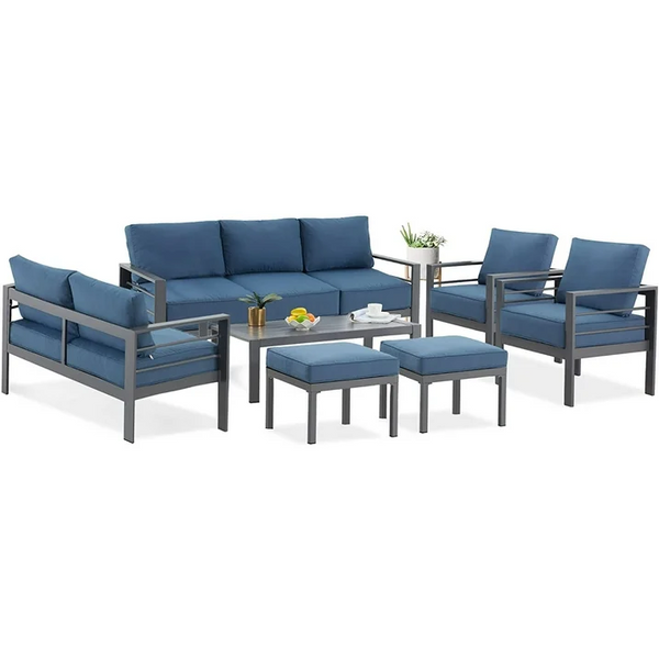 Aluminum Outdoor Furniture Set 7 Pieces Sectional Sofa Blue