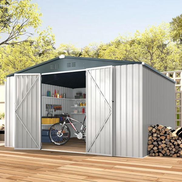 AECOJOY 10' x 12' Outdoor Metal Storage Shed in White
