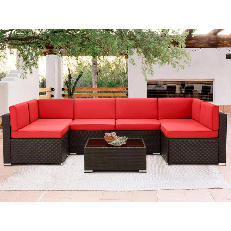 Danrelax 7-Piece Outdoor Sectional Sofa Patio Conversation Set in Red w/Brown Wicker