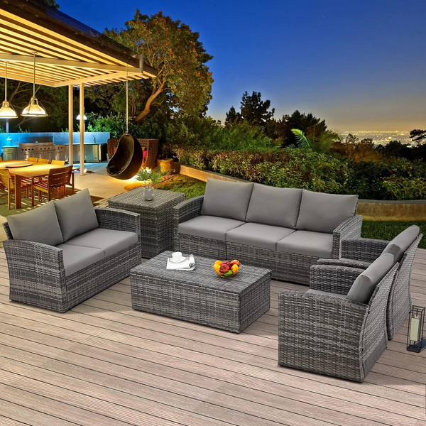 AECOJOY 7 Pieces Patio Furniture Set with Two Storage Boxes, Outdoor Rattan Conversation Set，All-Weather PE Wicker Sectional Sofa Outdoor Furniture for Garden, Backyard, Deck, Grey Rattan&Grey