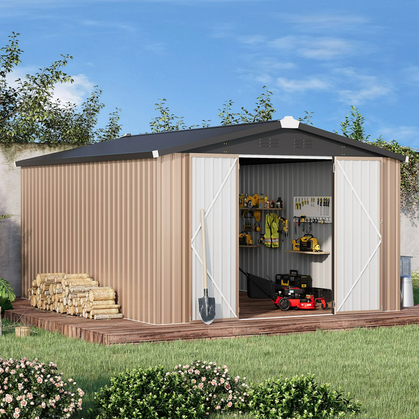 YODOLLA 10 x 14 ft. Outdoor Metal Storage Shed in Brown