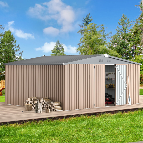 YODOLLA 14 x 12 ft. Outdoor Metal Storage Shed in Brown