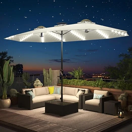 15ft Patio Umbrella with Solar Lights Beige