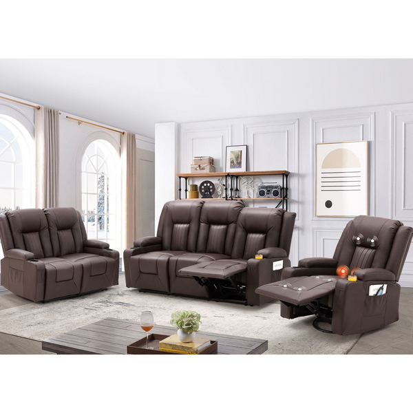 YODOLLA 3 Pieces Leather Recliner Sofa Set with Swivel Massage Chair