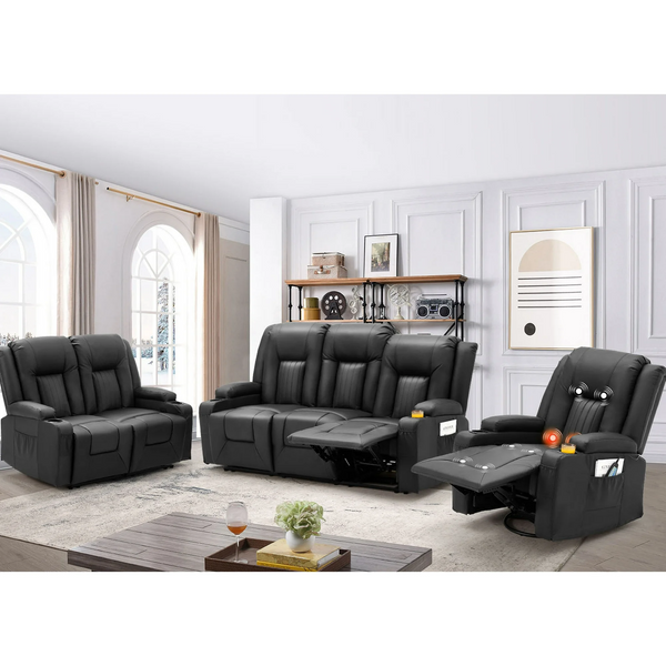 YODOLLA 3 Pieces Leather Recliner Sofa Set with Swivel Massage Chair