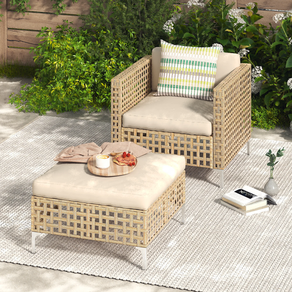 YODOLLA 2-Piece Patio Furniture Set, Boho Style Arm Chair Rattan Wicker Single Sofa Couch with Coffee Table In Beige
