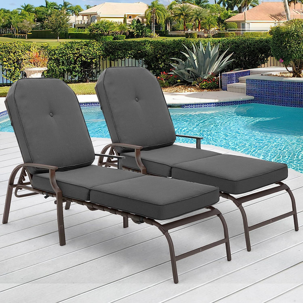YODOLLA Set of 2 Adjustable Patio Lounge Chair with Thick Cushion Outdoor Chaise Lounge Recliner, Gray