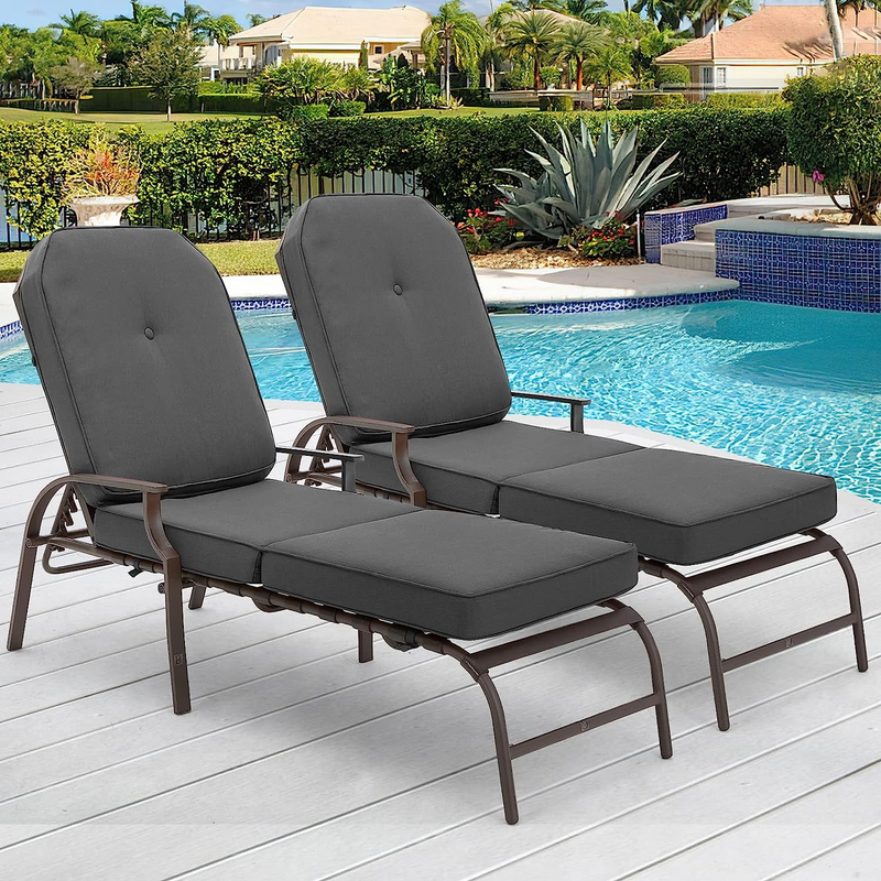 YODOLLA Set of 2 Adjustable Patio Lounge Chair with Thick Cushion Outdoor Chaise Lounge Recliner, Gray