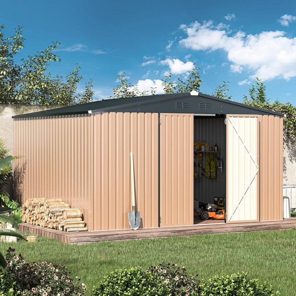 YODOLLA 12' x 10' Outdoor Metal Storage Shed in Brown Patio Storage Building with Lockable Door for Garden, Backyard