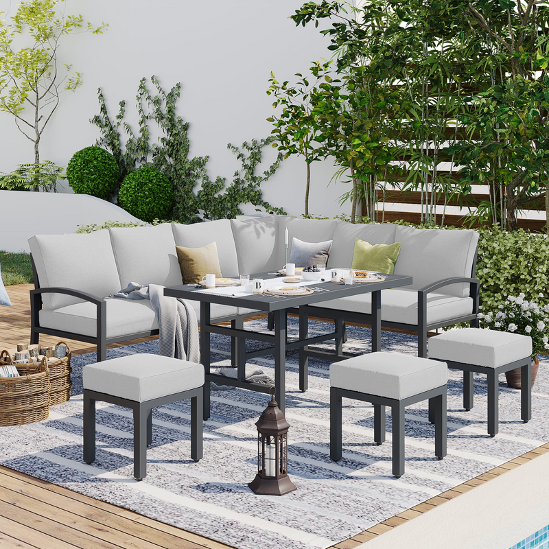 Danrelax Outdoor Furniture sets Metal Sectional sofa Patio Conversation Set with Table&Ottoman Grey Cushion