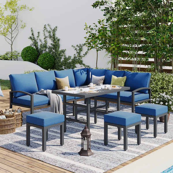 Danrelax Outdoor Furniture sets Metal Sectional sofa Patio Conversation Set with Table&Ottoman Blue Cushion
