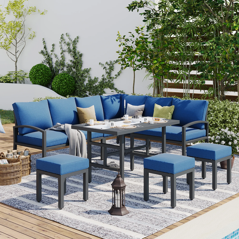 Danrelax Outdoor Furniture sets Metal Sectional sofa Patio Conversation Set with Table&Ottoman Blue Cushion