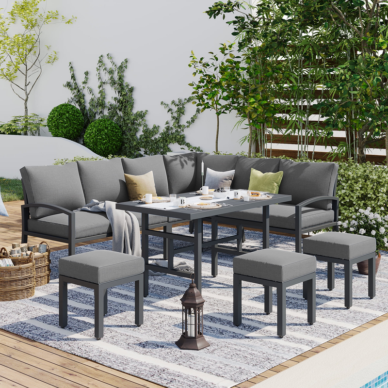 Danrelax Outdoor Furniture sets Metal Sectional sofa Patio Conversation Set with Table&Ottoman Dark Grey Cushion
