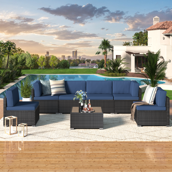YODOLLA 7-Piece Patio Furniture Set on Sale, Black Rattan Wicker Outdoor Sectional Sofa Couch with Table Patio Conversation Set for Lawn& Backyard In Navy