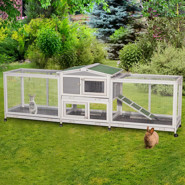 AECOJOY Rabbit Cage Guinea Pig Cage With 8 Wheels 94.5'' Wooden Bunny Cage Hutch with Removable Tray & Anti-Slip Ramp