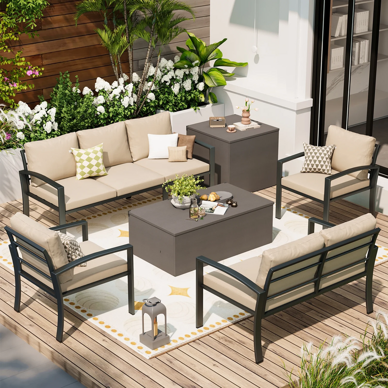 AECOJOY Patio Furniture sets Outdoor Metal Furniture sets with Two Storage Boxes on Sale Patio Conversation Set With Grey Cushions