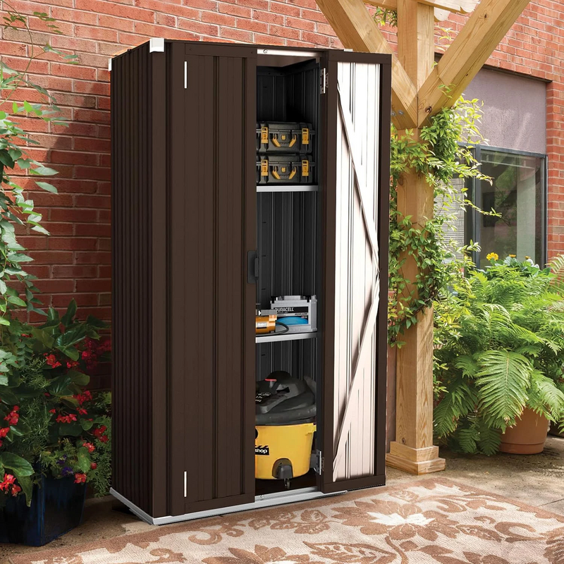 AECOJOY Outdoor Storage Cabinet Metal Organizer with Doors and Shelves Patio Storage Building for Outside, Garden & Garage in Brown