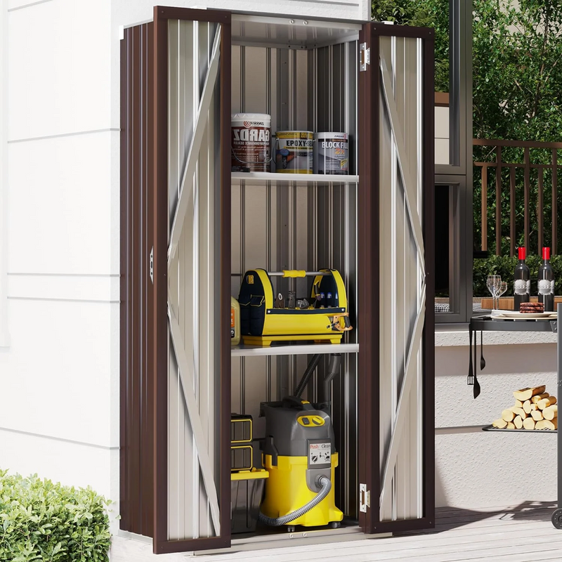 AECOJOY Outdoor Storage Cabinet Metal Organizer with Doors and Shelves Patio Storage Building for Outside, Garden & Garage in Brown