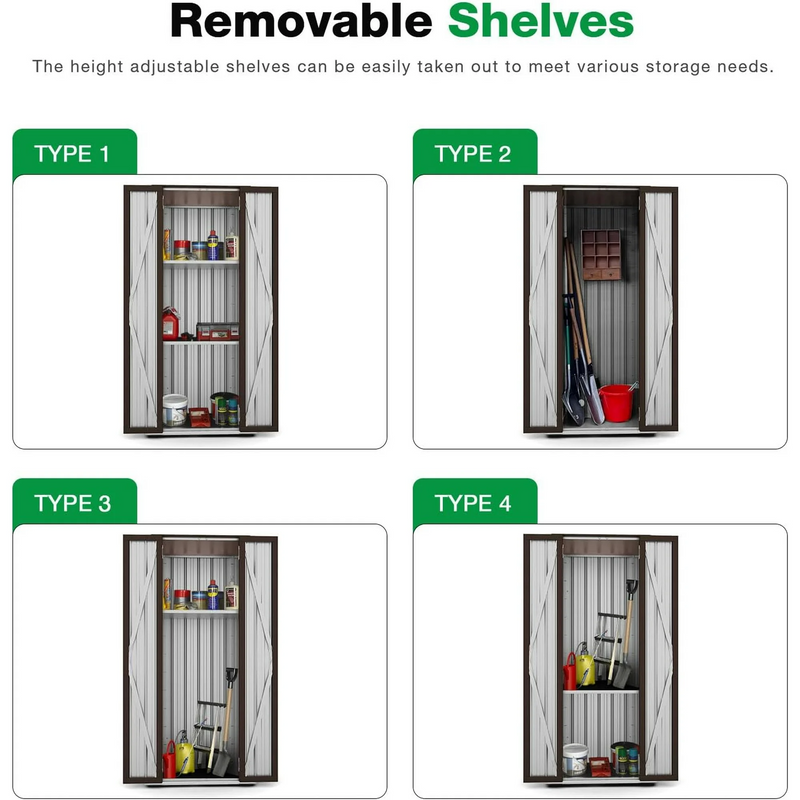 AECOJOY Outdoor Storage Cabinet Metal Organizer with Doors and Shelves Patio Storage Building for Outside, Garden & Garage in Brown