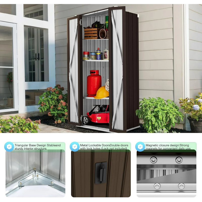 AECOJOY Outdoor Storage Cabinet Metal Organizer with Doors and Shelves Patio Storage Building for Outside, Garden & Garage in Brown