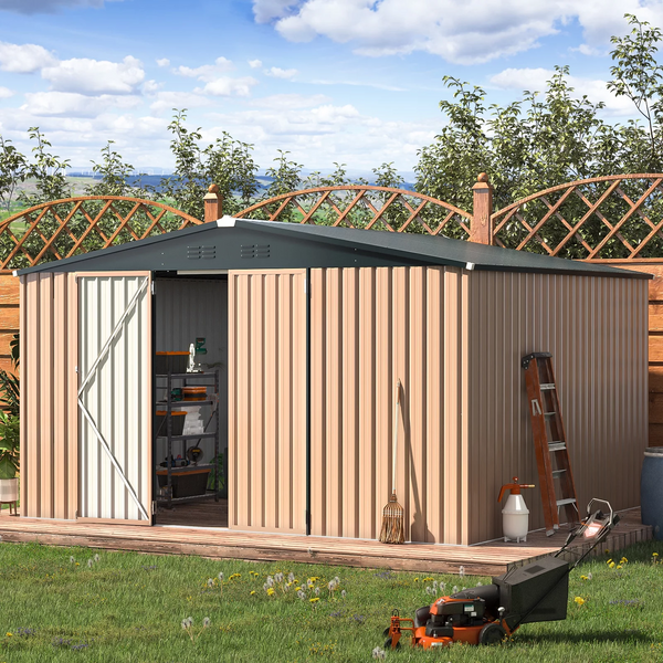 AECOJOY 10' x 12' Outdoor Metal Storage Shed with Lockable Door for Backyard