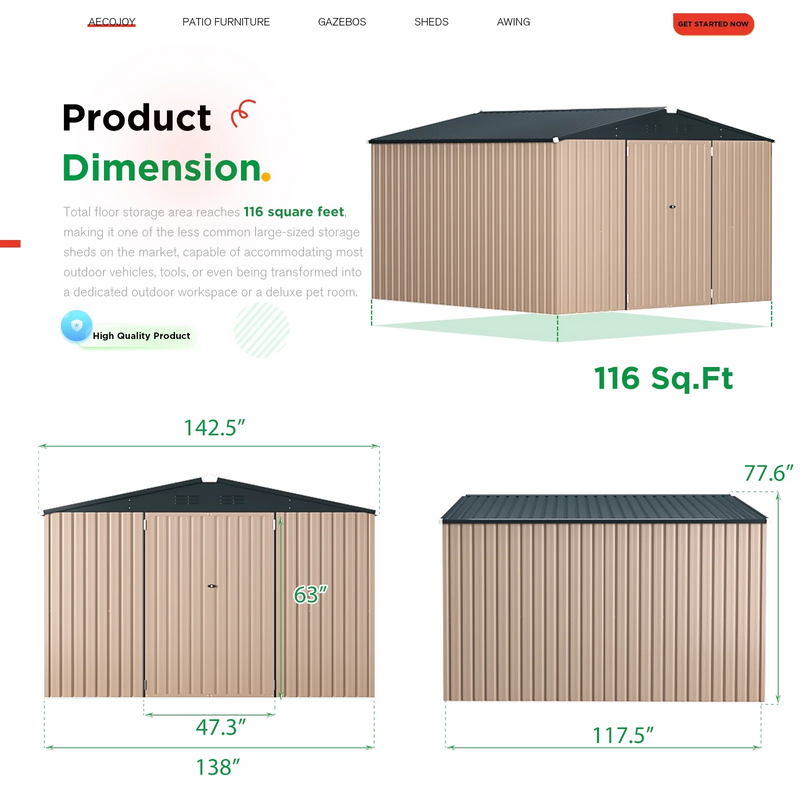 AECOJOY 10' x 12' Outdoor Metal Storage Shed with Lockable Door for Backyard