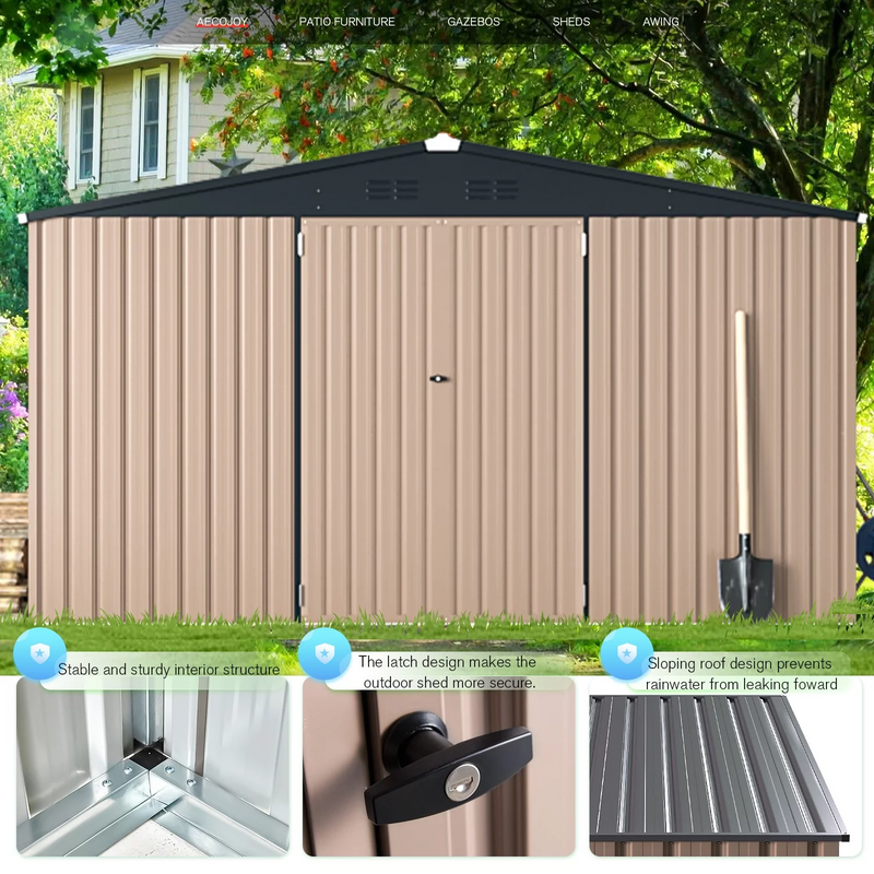AECOJOY 10' x 12' Outdoor Metal Storage Shed with Lockable Door for Backyard