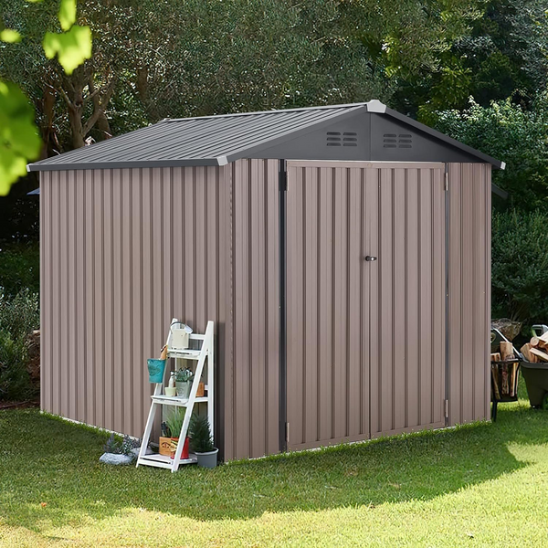 YODOLLA 10' x 8' Outdoor Metal Storage Shed in Brown Patio Storage Building with Lockable Door for Garden, Backyard