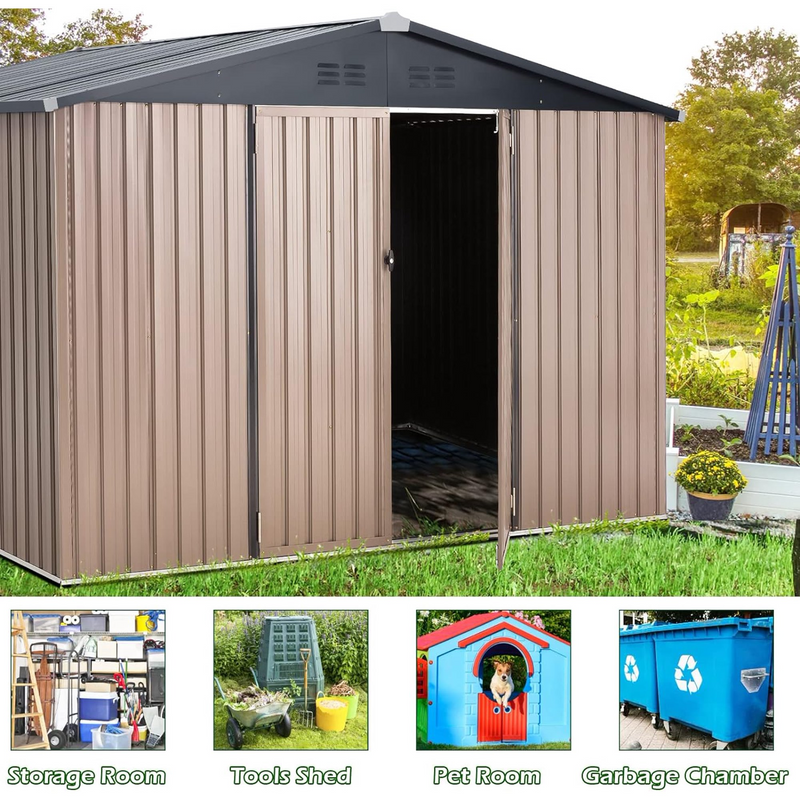 YODOLLA 10' x 8' Outdoor Metal Storage Shed in Brown Patio Storage Building with Lockable Door for Garden, Backyard