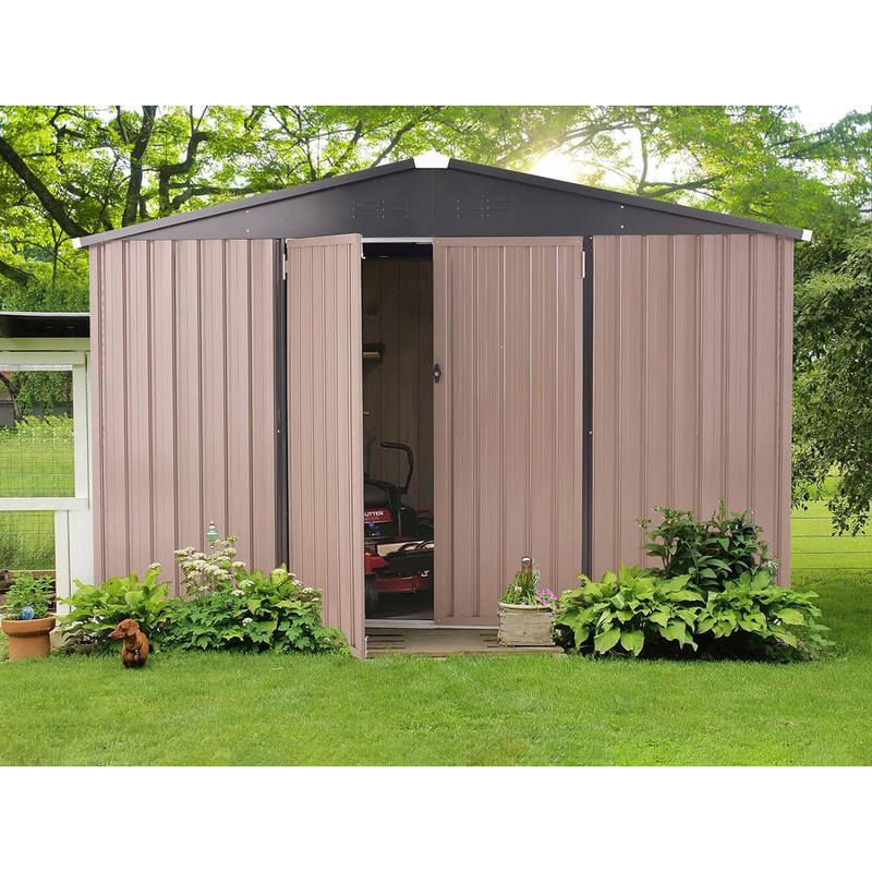 YODOLLA 10' x 8' Outdoor Metal Storage Shed in Brown Patio Storage Building with Lockable Door for Garden, Backyard