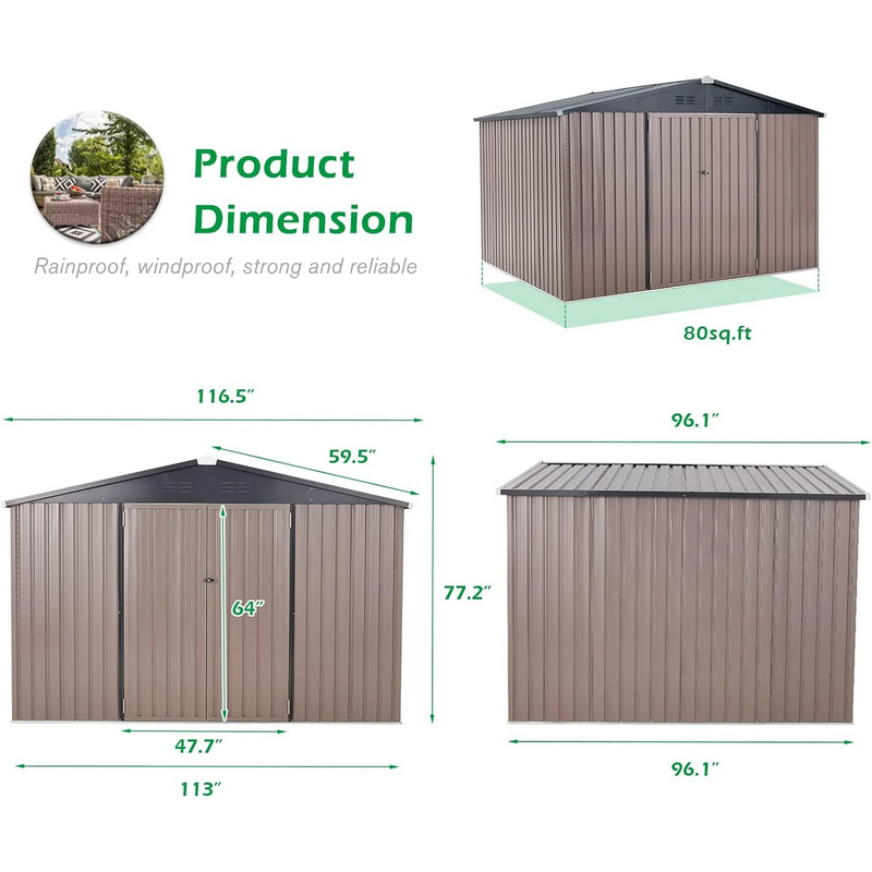YODOLLA 10' x 8' Outdoor Metal Storage Shed in Brown Patio Storage Building with Lockable Door for Garden, Backyard