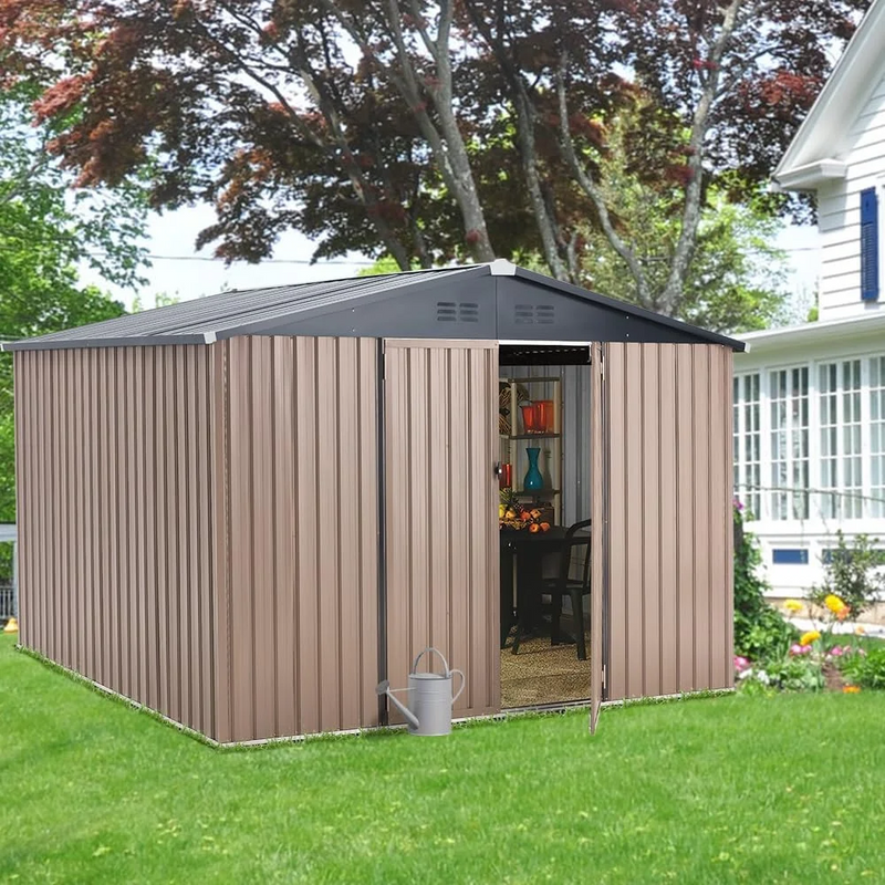 YODOLLA 10' x 8' Outdoor Metal Storage Shed in Brown Patio Storage Building with Lockable Door for Garden, Backyard