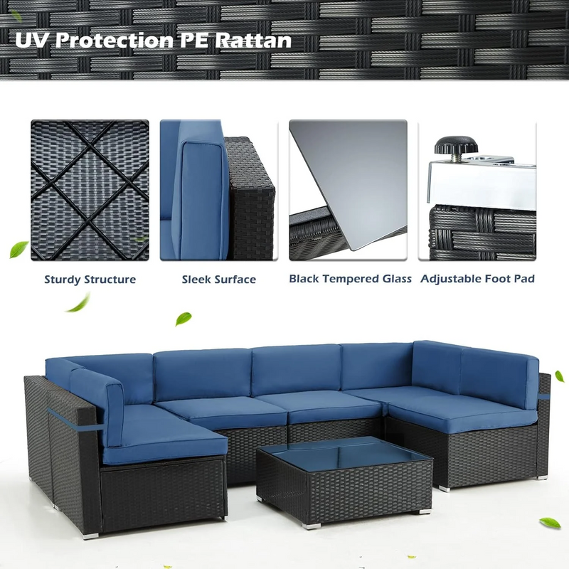 Danrelax 7-Piece Outdoor Sectional Sofa Patio Conversation Set, Black PE Rattan Wicker Furniture, Steel Frame in Dark Blue