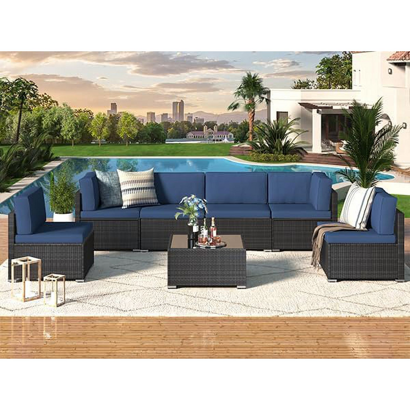 Danrelax 7-Piece Outdoor Sectional Sofa Patio Conversation Set, Black PE Rattan Wicker Furniture, Steel Frame in Dark Blue