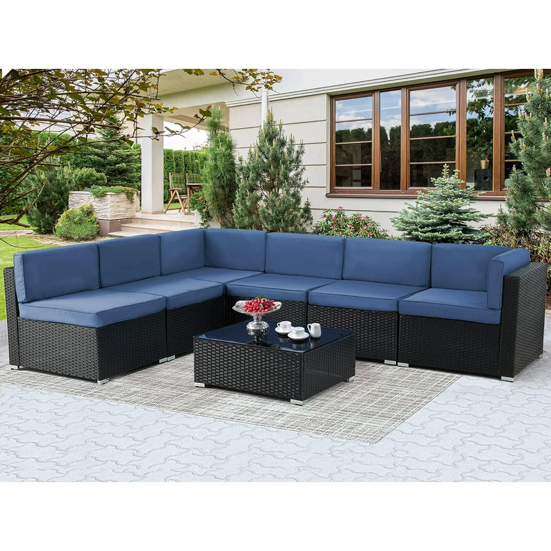 Danrelax 7-Piece Outdoor Sectional Sofa Patio Conversation Set, Black PE Rattan Wicker Furniture, Steel Frame in Dark Blue