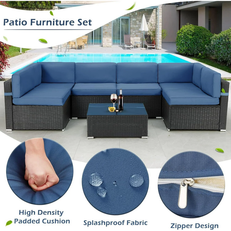 Danrelax 7-Piece Outdoor Sectional Sofa Patio Conversation Set, Black PE Rattan Wicker Furniture, Steel Frame in Dark Blue