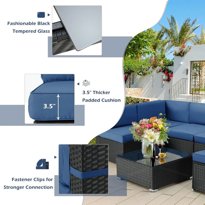 Danrelax 7-Piece Outdoor Sectional Sofa Patio Conversation Set, Black PE Rattan Wicker Furniture, Steel Frame in Dark Blue