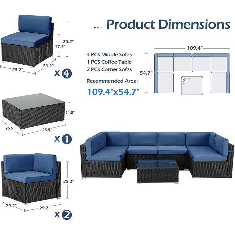 Danrelax 7-Piece Outdoor Sectional Sofa Patio Conversation Set, Black PE Rattan Wicker Furniture, Steel Frame in Dark Blue