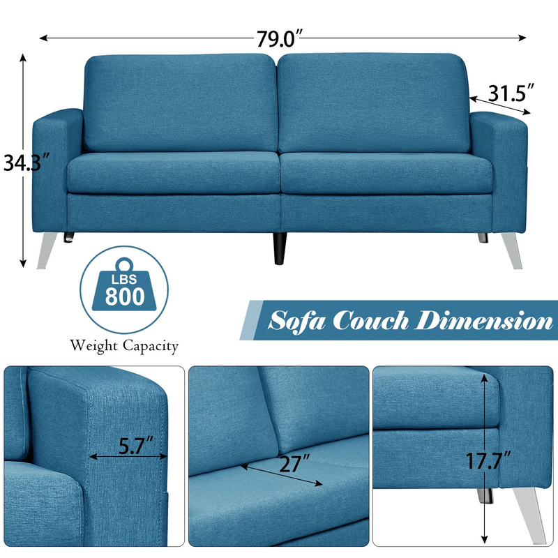 AECOJOY 79" Upholstered Sofa 3 Seater Couch Loveseat Living Room Furniture in Blue