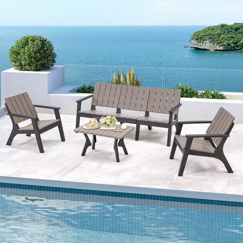 AECOJOY 4-Piece HDPE Patio Furniture Set on Sale All Weather Resistant Outdoor Conversation Set with Coffee Table for Garden& Backyard in Brown